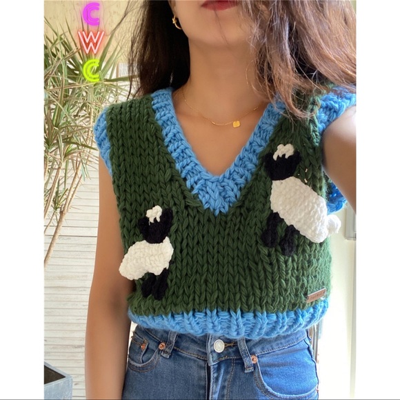 Hand Crafted Sweaters Rare Handmade Y2k Knit Cropped Sheep Sweater
